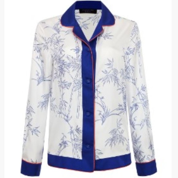 Shanghai Tang Tops - SHANGHAI TANG Loungewear Luxe Shirt with Porcelain Bamboo Print SIZE L